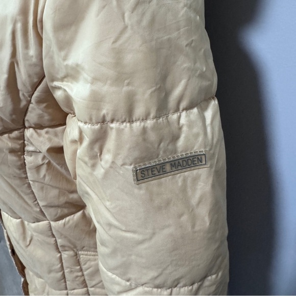 Steve Madden Long Puffer Coat Large Golden Tan Fur Hood Winter - Picture 4 of 6